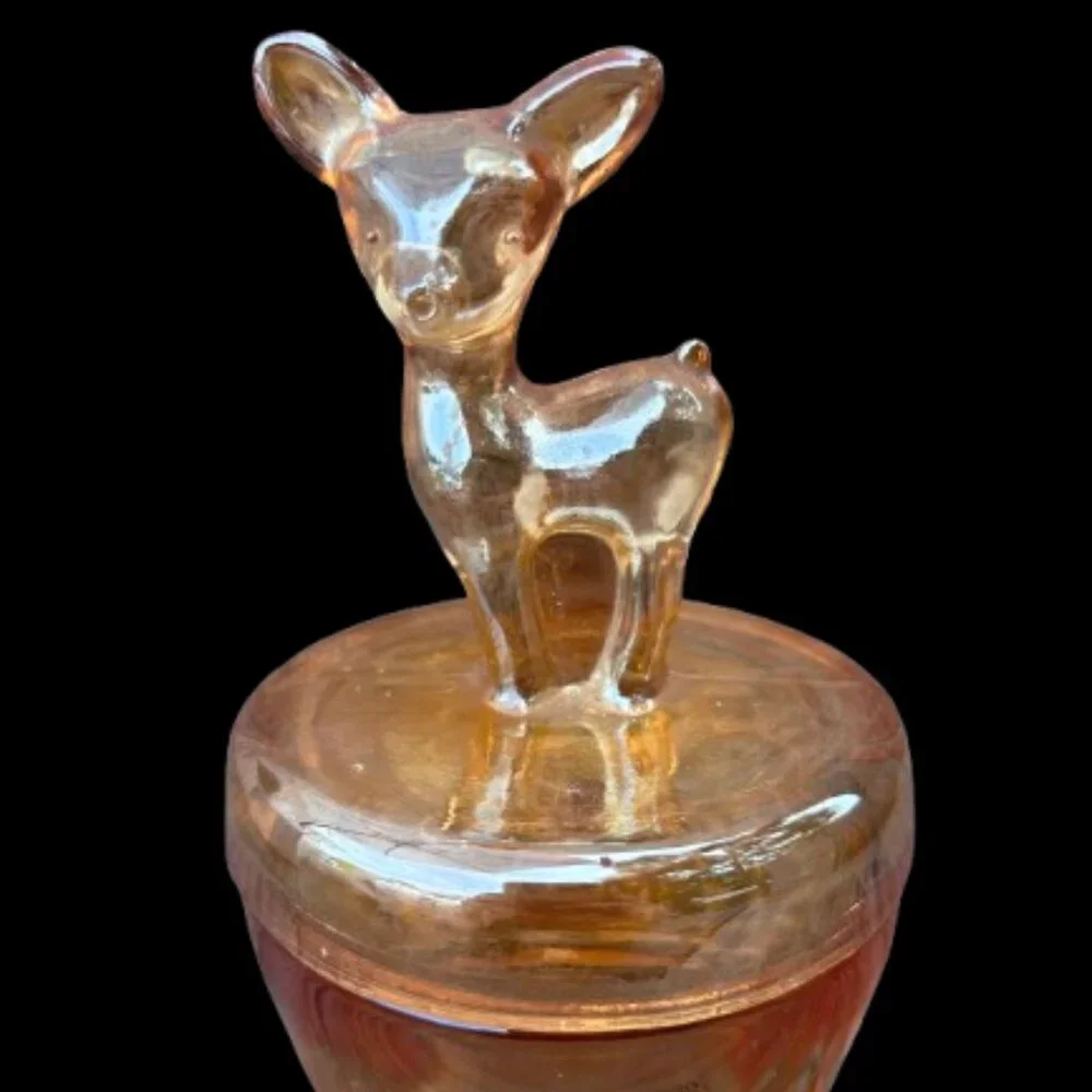 Vintage Jeannette Marigold Glass Vanity Powder Jar with Deer